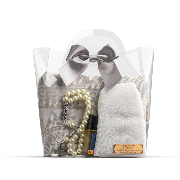 Seccade + Tesbih + Takke + Esans Hediye Seti (Çantalı Asetat Kutu, Gri)