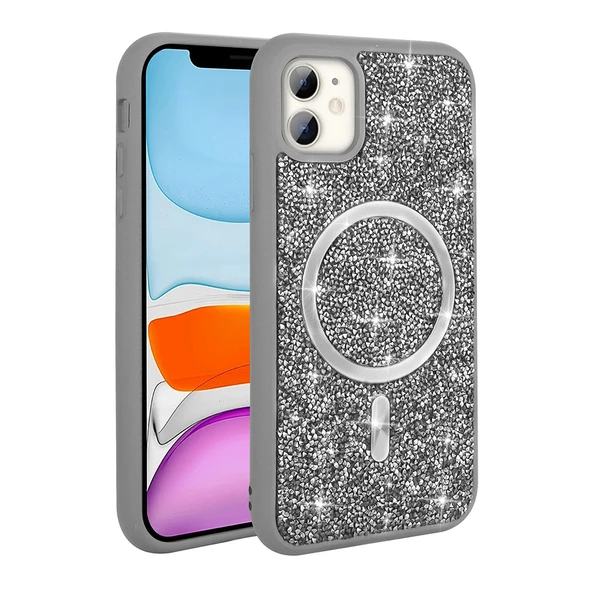 iPhone 11 Kılıf Pırlanta Tasarımlı M-safe Şarj Özellikli Mozaik Silikon Kılıf - Resim 6