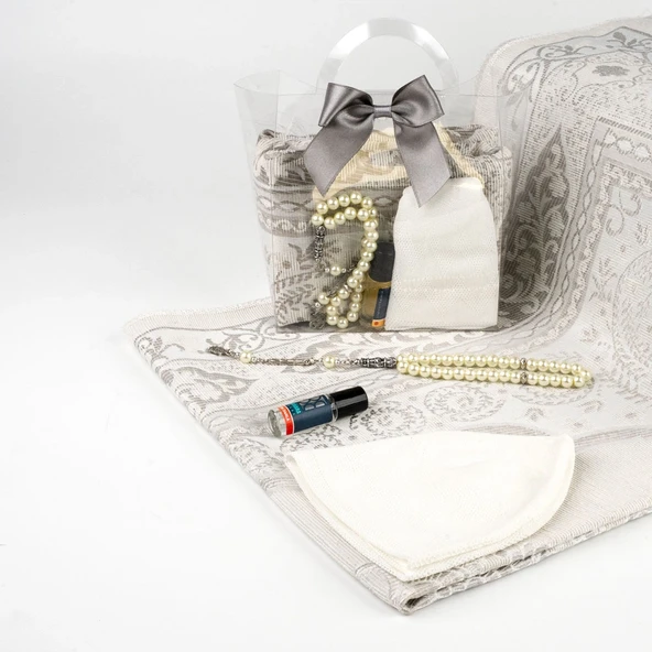 Seccade + Tesbih + Takke + Esans Hediye Seti (Çantalı Asetat Kutu, Gri) - 2