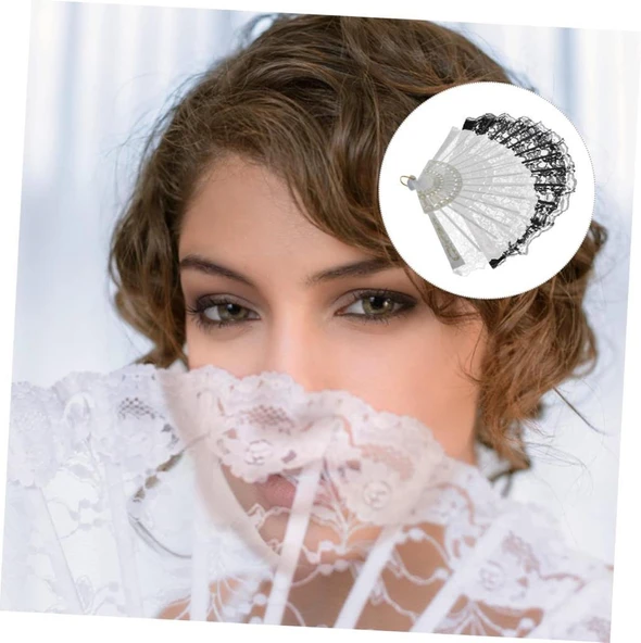 YELPAZE  Tüllü Gelin 877-12 Tül Detaylı Dekoratif Gelin Yelpaze 2 Adet Siyah-Beyaz - Resim 2