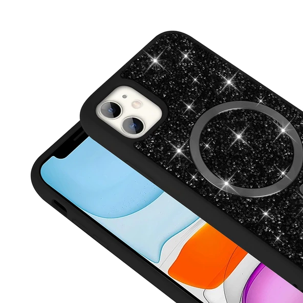 iPhone 11 Kılıf Pırlanta Tasarımlı M-safe Şarj Özellikli Mozaik Silikon Kılıf - Resim 5
