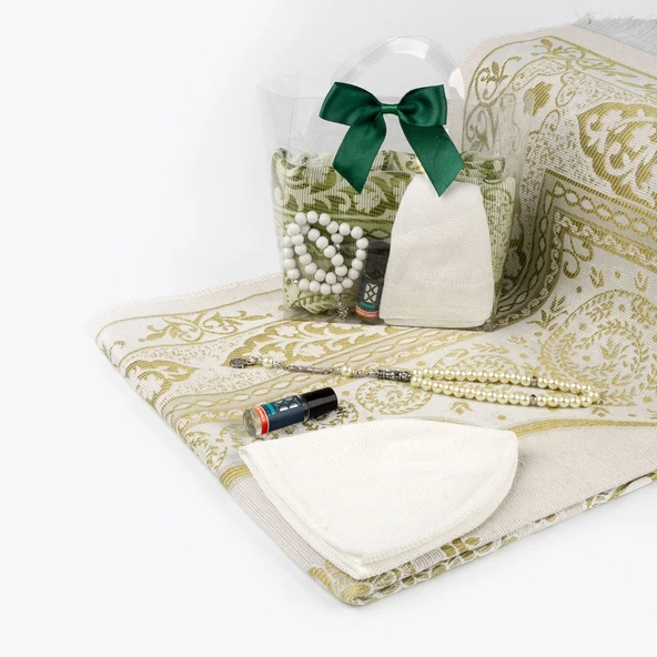 Seccade + Tesbih + Takke + Esans Hediye Seti (Çantalı Asetat Kutu, Yeşil) - 2