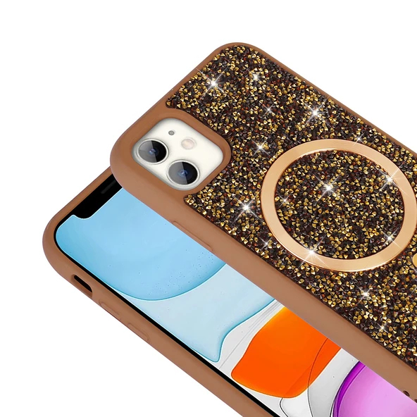 iPhone 11 Kılıf Pırlanta Tasarımlı M-safe Şarj Özellikli Mozaik Silikon Kılıf - Resim 9
