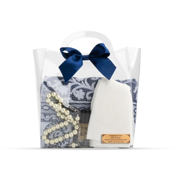 Seccade + Tesbih + Takke + Esans Hediye Seti (Çantalı Asetat Kutu, Lacivert)