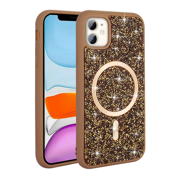 iPhone 11 Kılıf Pırlanta Tasarımlı M-safe Şarj Özellikli Mozaik Silikon Kılıf - Resim 7
