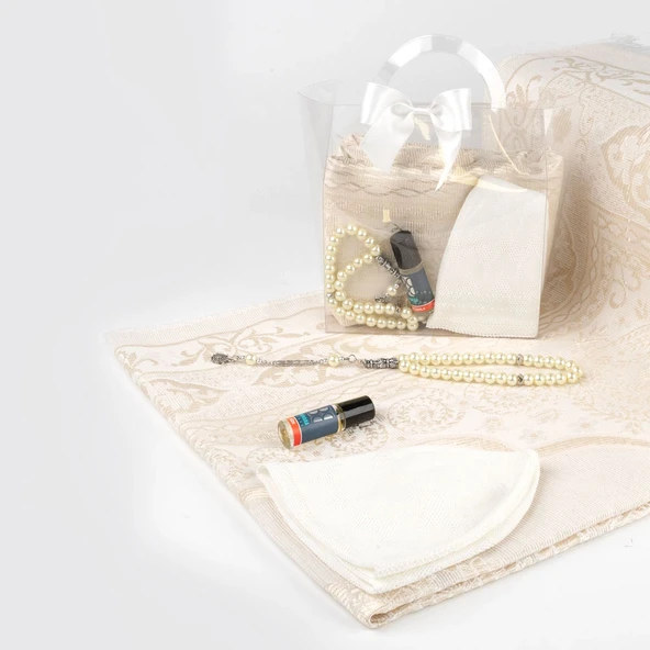 Seccade + Tesbih + Takke + Esans Hediye Seti (Çantalı Asetat Kutu, Krem) - 2