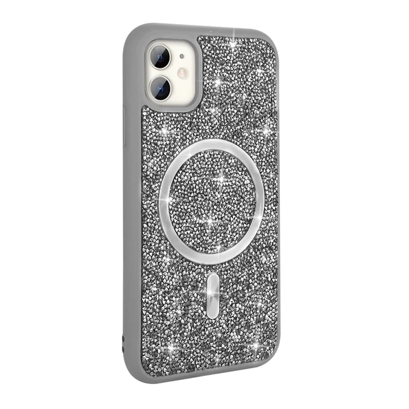 iPhone 11 Kılıf Pırlanta Tasarımlı M-safe Şarj Özellikli Mozaik Silikon Kılıf - Resim 3