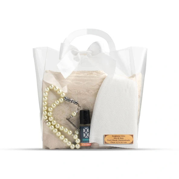 Seccade + Tesbih + Takke + Esans Hediye Seti (Çantalı Asetat Kutu, Krem)