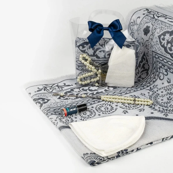 Seccade + Tesbih + Takke + Esans Hediye Seti (Çantalı Asetat Kutu, Lacivert) - 2