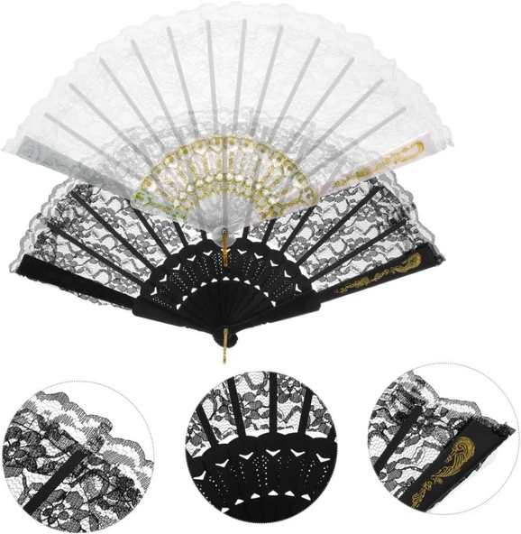 YELPAZE  Tüllü Gelin 877-12 Tül Detaylı Dekoratif Gelin Yelpaze 2 Adet Siyah-Beyaz - Resim 3