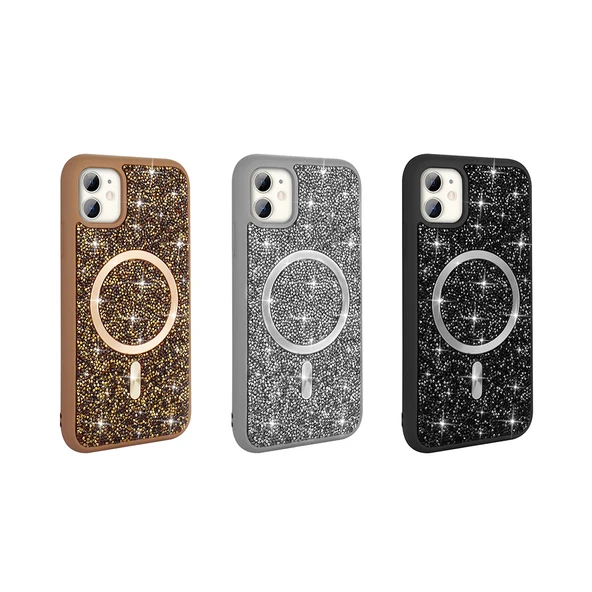 iPhone 11 Kılıf Pırlanta Tasarımlı M-safe Şarj Özellikli Mozaik Silikon Kılıf - Resim 12