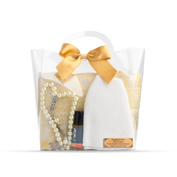 Seccade + Tesbih + Takke + Esans Hediye Seti (Çantalı Asetat Kutu, Gold)