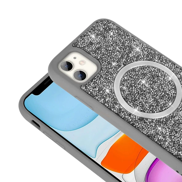 iPhone 11 Kılıf Pırlanta Tasarımlı M-safe Şarj Özellikli Mozaik Silikon Kılıf - Resim 8