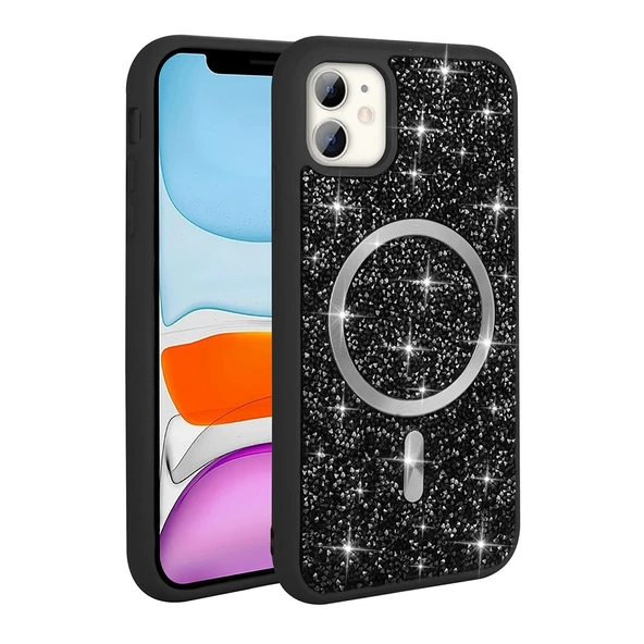 iPhone 11 Kılıf Pırlanta Tasarımlı M-safe Şarj Özellikli Mozaik Silikon Kılıf ürün görseli 1