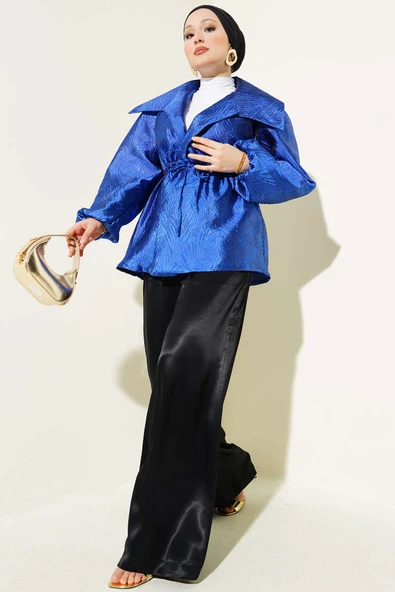 Bel Lastikli Balon Kol Jakar Ceket Saks - Resim 2