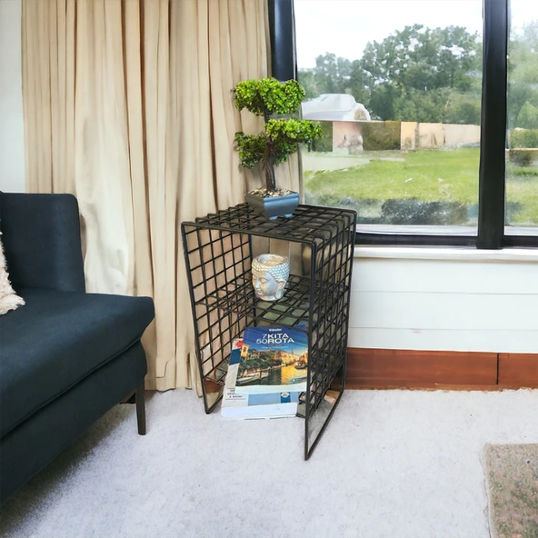 İskandinav Tarzı Siyah Metal Hasır Tel Sehpa - 4