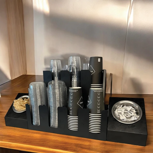 3 Ve 4 Bölmeli Karton Bardaklık + 2' li Tek yuvalı  Karistirici ve Şeker Endüstriyel Mutfak Kahve Aksesuar Düzenleyici Siyah Çok Bölmeli Kafe/Ofis Kahve Standı - 9