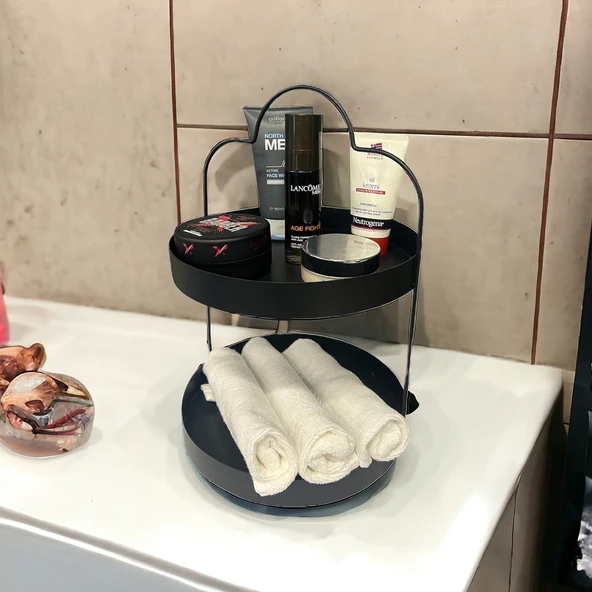 24 cm Yuvarlak Siyah İki Katlı Banyo Mutfak Makyaj Organizer Rafı Model 1 - 2