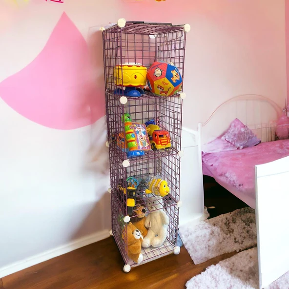 4 Bölmeli Tel Küp Çok Amaçlı Organizer Raf Pembe 33cm Mutfak, Oyuncak, Kiler, Depolama Rafı - 4