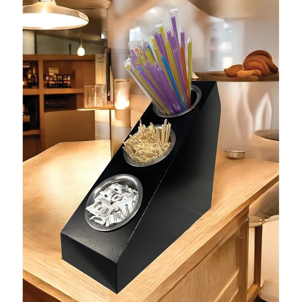 3 Katlı Pipetlik Karıştırıcı Şeker Çatal Bıçak Kaşıklık Organizer Kafe Restoran Ürün Düzenleyici Siyah Stand - 3