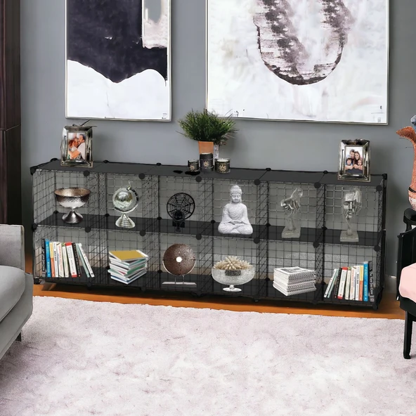 12'li Plastik Raflı Tel Küp Çok Amaçlı Organizer Raf Siyah 33cm - 8