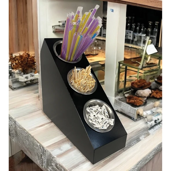3 Katlı Pipetlik Karıştırıcı Şeker Çatal Bıçak Kaşıklık Organizer Kafe Restoran Ürün Düzenleyici Siyah Stand