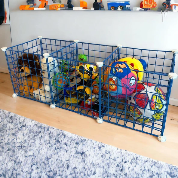 3 Bölmeli Tel Küp Çok Amaçlı Organizer Raf Mavi 33cm Mutfak, Oyuncak, Kiler, Depolama Rafı - 7