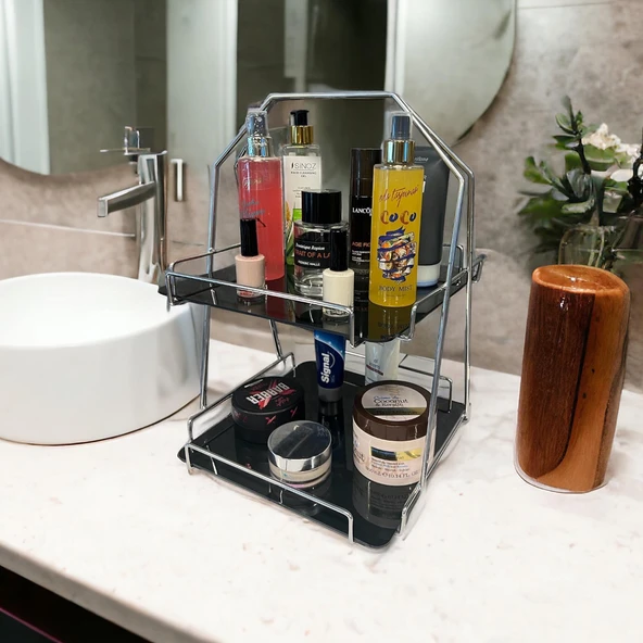 2 Katlı Üçgen Siyah Metal Banyo, Mutfak, Makyaj Organizatörü - Model 3 - 7