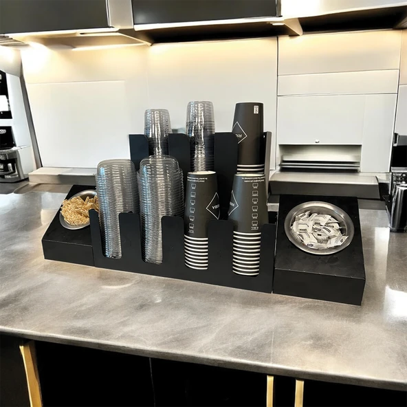 3 Ve 4 Bölmeli Karton Bardaklık + 2' li Tek yuvalı  Karistirici ve Şeker Endüstriyel Mutfak Kahve Aksesuar Düzenleyici Siyah Çok Bölmeli Kafe/Ofis Kahve Standı - 2