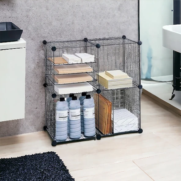4 Bölmeli Tel Küp Çok Amaçlı Organizer Raf Siyah 33cm Mutfak, Oyuncak, Kiler, Depolama Rafı - 7
