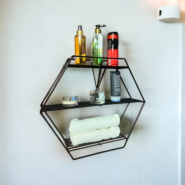 Modern Dekoratif Siyah Altıgen Duvar Rafı - 3