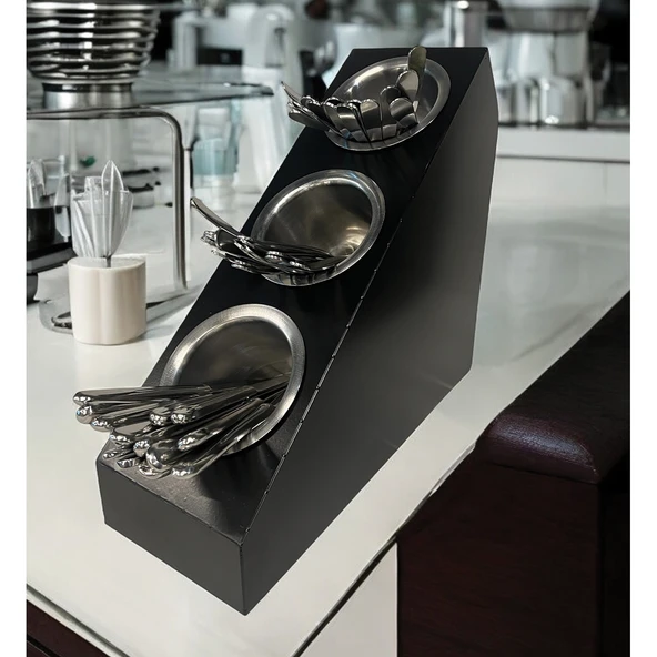 3 Katlı Pipetlik Karıştırıcı Şeker Çatal Bıçak Kaşıklık Organizer Kafe Restoran Ürün Düzenleyici Siyah Stand - 5