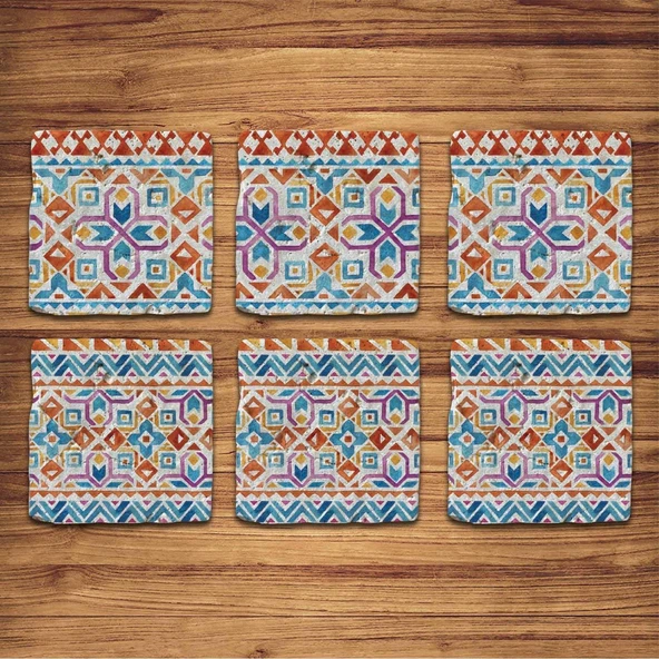 Doğal Taş Bardak Altlığı 6'lı Telli Model D (Boho Tema)