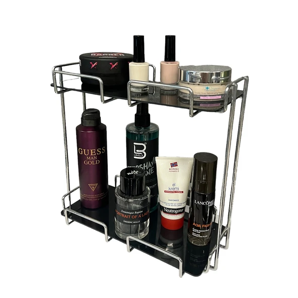 2 Katlı 28x14 Gümüş Banyo ve Kozmetik Düzenleyici - Çift Katlı Sunum ve Servis Tepsisi - 8