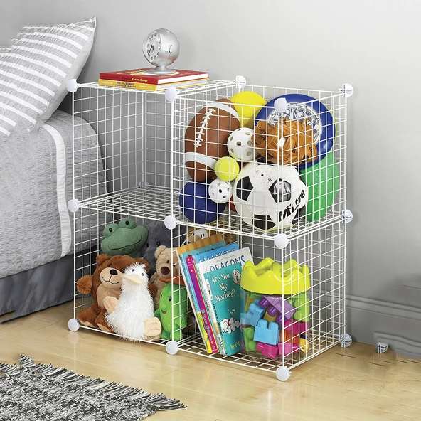 4 Bölmeli Tel Küp Çok Amaçlı Organizer Raf Beyaz 33cm Mutfak, Oyuncak, Kiler, Depolama Rafı