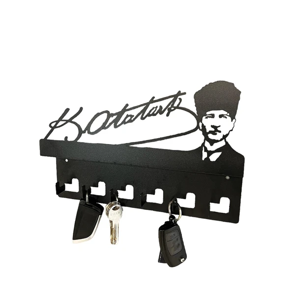 Atatürk Tasarımlı Duvar Askılı Anahtarlık ve Mektup Rafı Model-1 - Siyah - 3