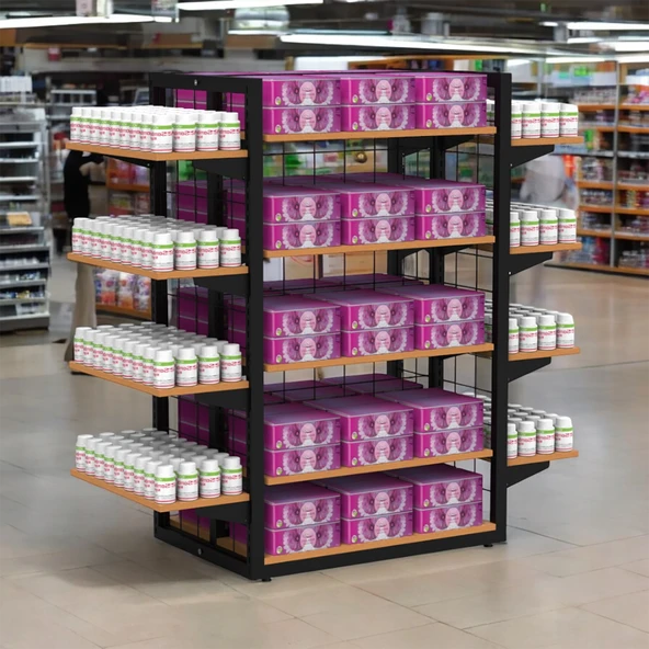 80X60 Dört Taraflı Metal Siyah Stand Bambu Raflı Ve Yan Modül Raflı Set - 5