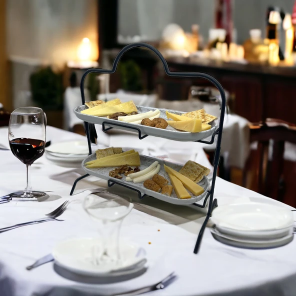 2 Katlı Beyaz Gümüş Zemin Mermer Desenli Melamin 13x32cm Metal Sunum Standı – İkram ve Servis İçin Model 1 Siyah - 11