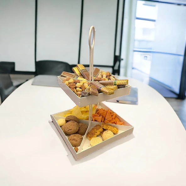 2 Katlı Dekoratif Beyaz Metal Çerezlik / Peynir Sunum Servis Tabağı - Lokumluk / Makaron, Pankek ve Tatlı Sunumu İçin - 4