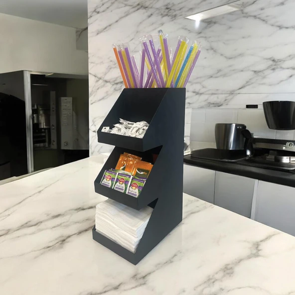 3 Katlı 5 Bölmeli Metal Pipet, Peçetelik, Şekerlik Siyah Organizer Stand Model - 3 - 7