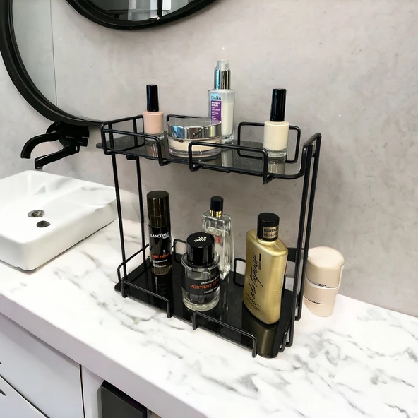 2 Katlı 28x14 Siyah Banyo ve Kozmetik Düzenleyici - Çift Katlı Sunum ve Servis Tepsisi - 6