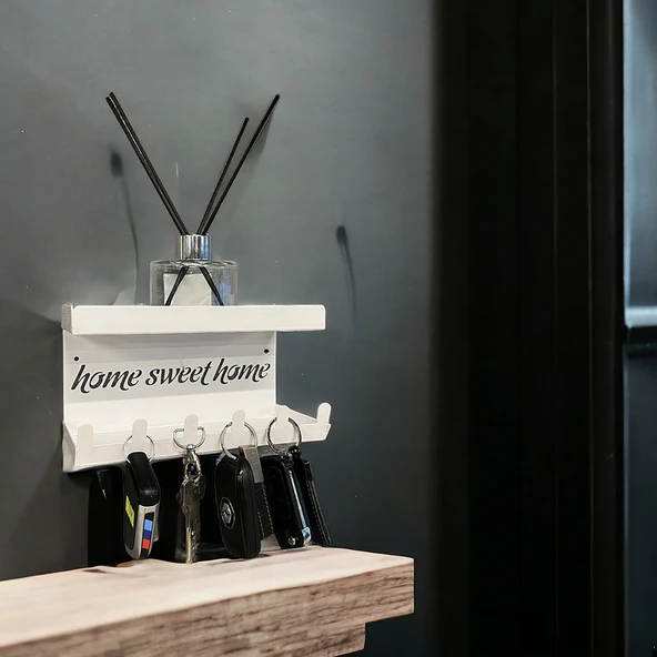 HOME SWEET HOME Duvara Monte Raflı ve 6 Kancalı Anahtarlık Askılık - Beyaz - 4