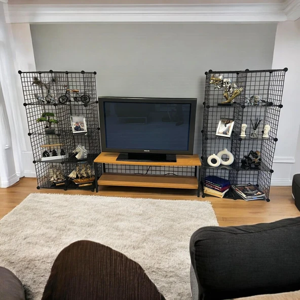 Bambu Ahşap ve Metal Detaylı TV Ünitesi & Sekizli Tel Küp Raf Sistemi - Modern Tasarım Model-1 - 7