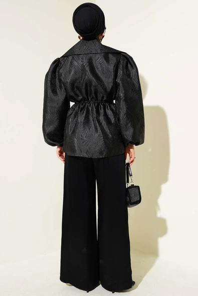 Bel Lastikli Balon Kol Jakar Ceket Siyah - Resim 3