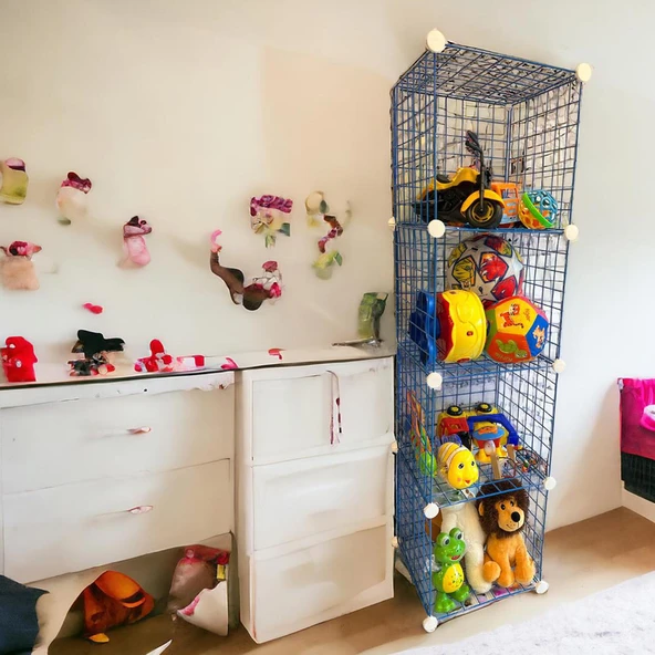 4 Bölmeli Tel Küp Çok Amaçlı Organizer Raf Mavi 33cm Mutfak, Oyuncak, Kiler, Depolama Rafı - 8