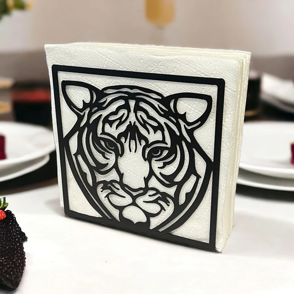 Kaplan Temalı Siyah Metal Peçetelik - 4