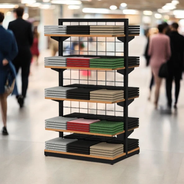 80X60 Çift Taraflı Metal Siyah Stand Bambu Raflı - 4