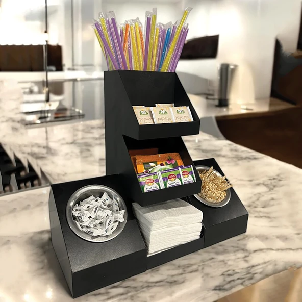 7 Bölmeli Endüstriyel Siyah Tezgah Üstü Düzenleyici Organizer, Çay ve Pipet Raflı Stand