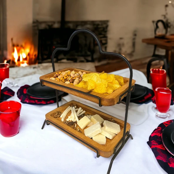 2 Katlı Ahşap Zeminliı 15x27cm Metal Standlı Ahşap Sunum Standı – İkram ve Servis İçin Model 1 Siyah - 3