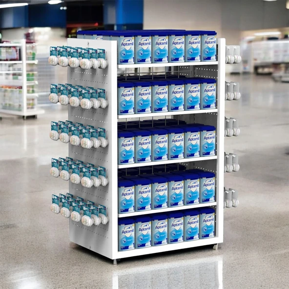 80X60 Çift Taraflı Metal Beyaz Stand Metal Raflı Ve Yan Modüllü Kancalı Set - 2